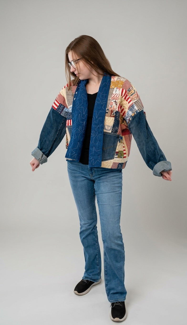 Americana quilt coat with denim sleeves size M