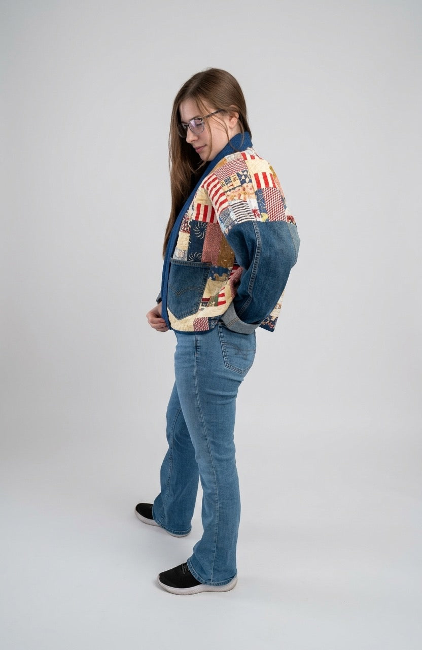 Americana quilt coat with denim sleeves size M