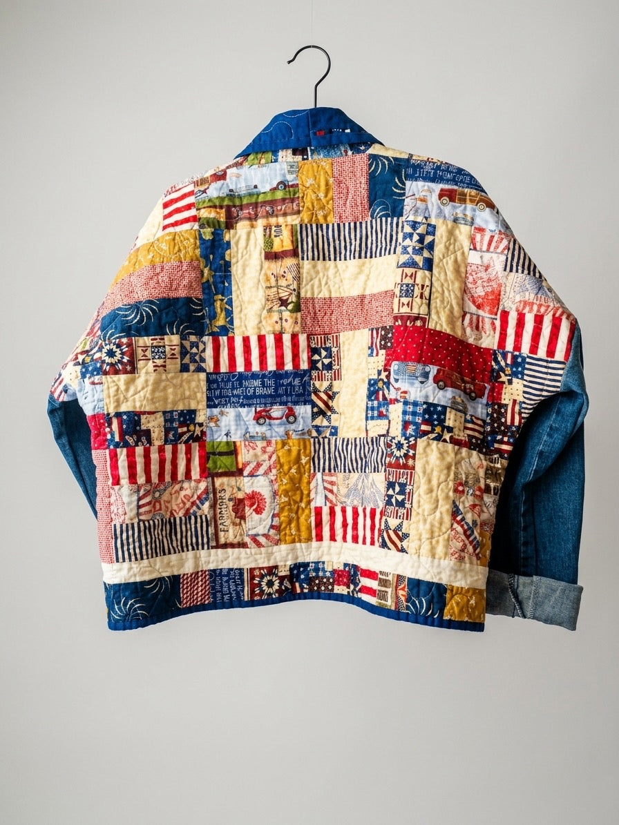 Americana quilt coat with denim sleeves size M