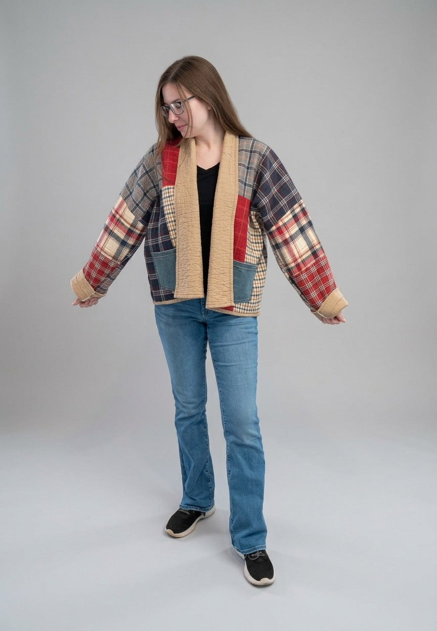 Country cozy red and blue plaid cropped jacket