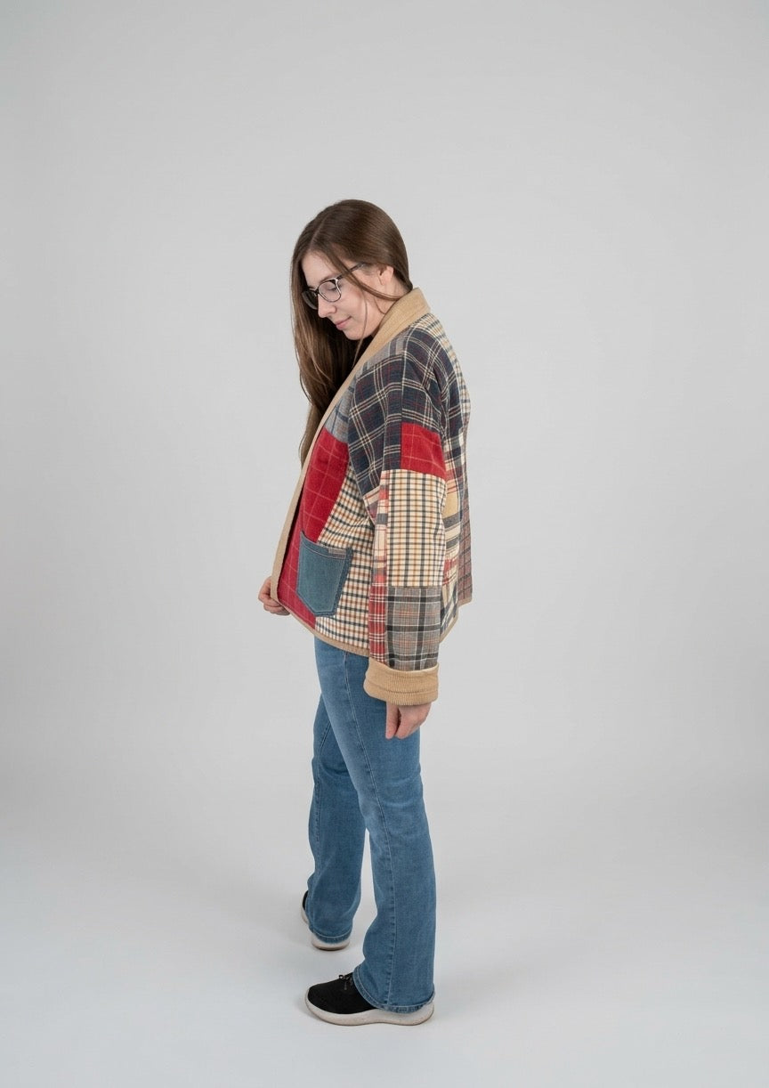 Country cozy red and blue plaid cropped jacket