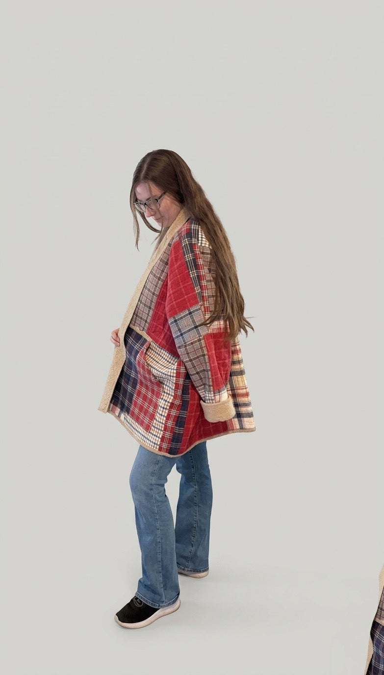 Country cozy red and blue plaid 3/4 length jacket size XL