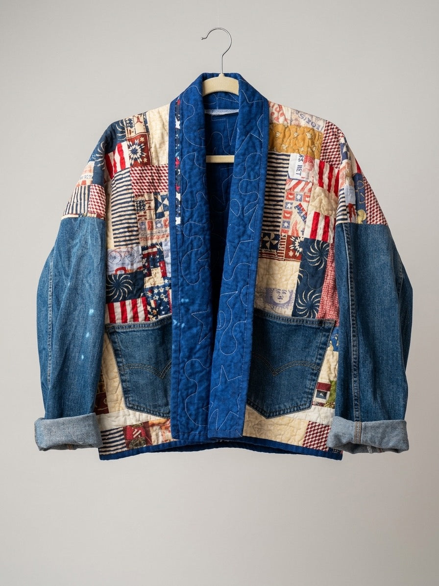 Americana quilt coat with denim sleeves size M