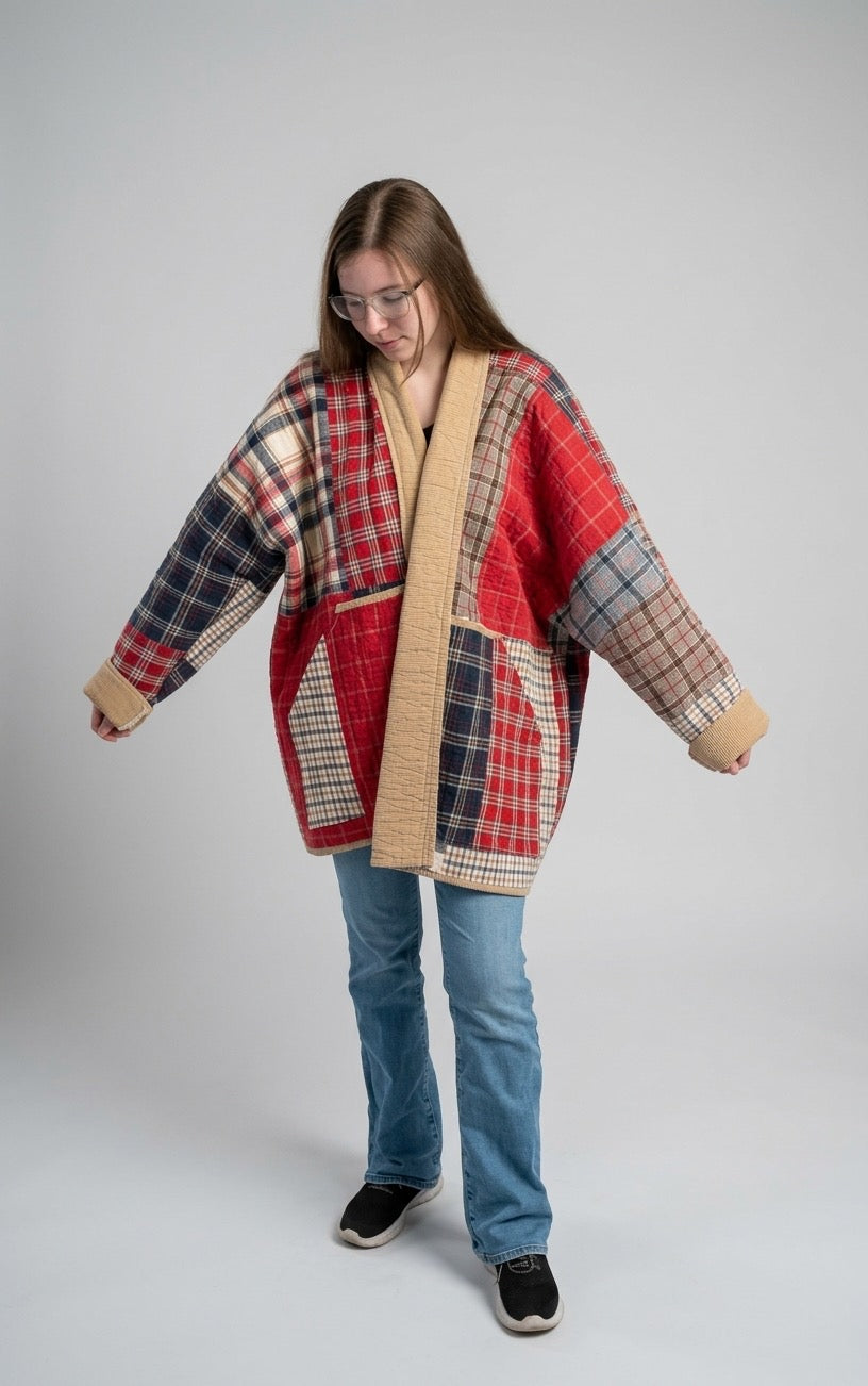 Country cozy red and blue plaid 3/4 length jacket size XL
