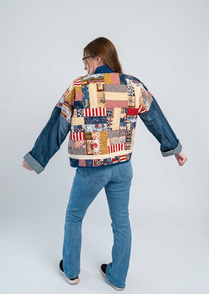 Americana quilt coat with denim sleeves size M