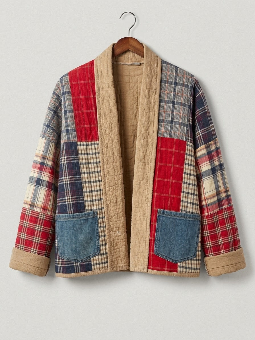 Country cozy red and blue plaid cropped jacket