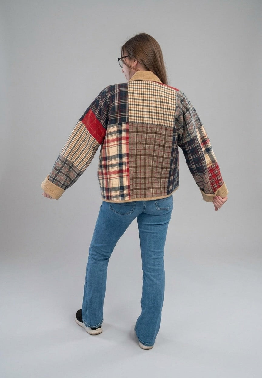 Country cozy red and blue plaid cropped jacket