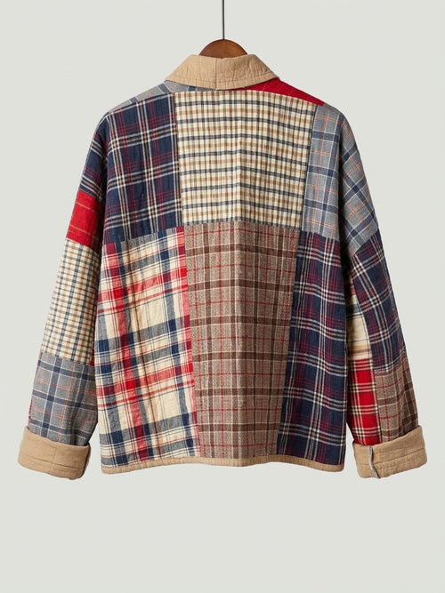 Country cozy red and blue plaid cropped jacket